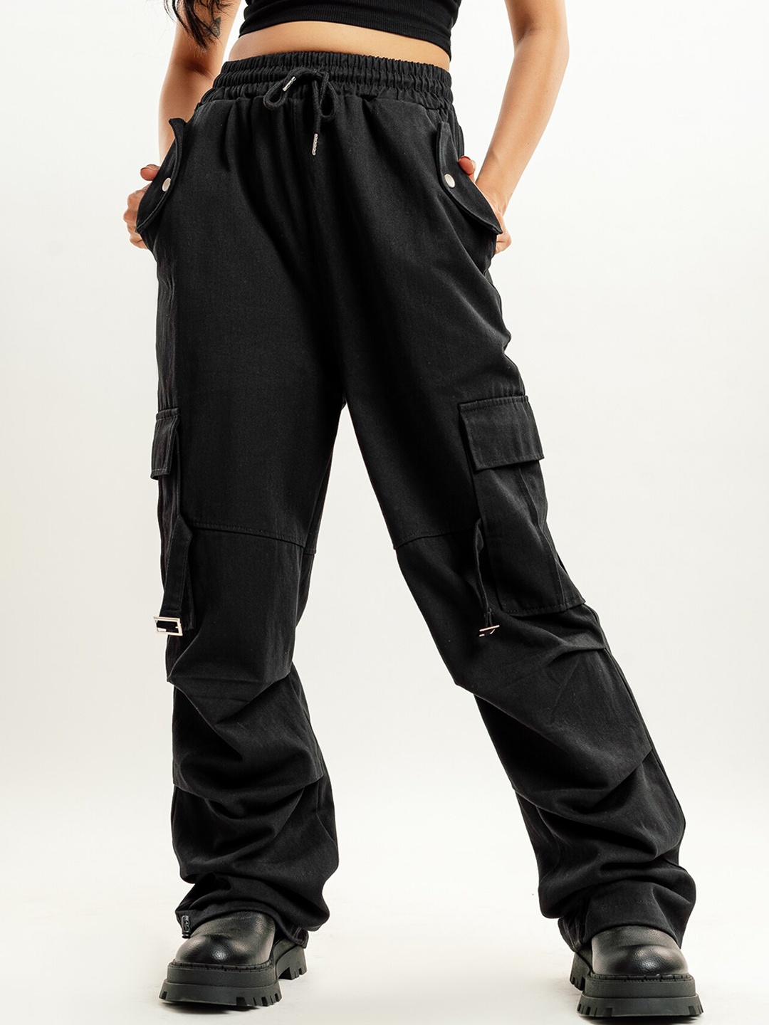 

FREAKINS Women Straight Fit High-Rise Cotton Denim Cargo, Black