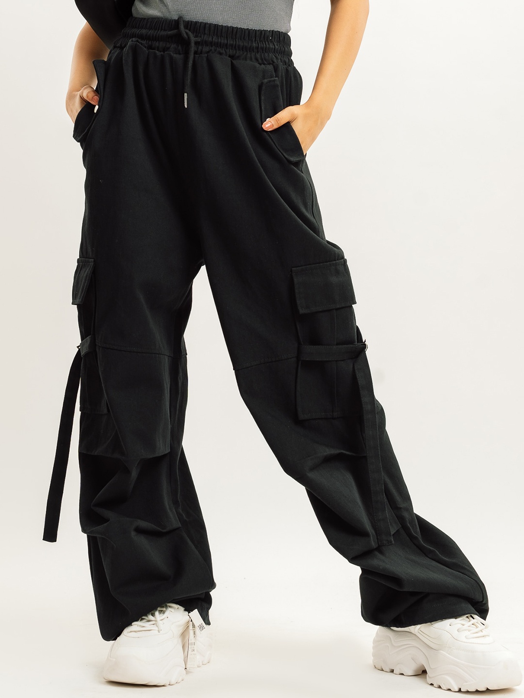 

FREAKINS Women Black Straight Fit High-Rise Clean Look Stretchable Cargo Jeans