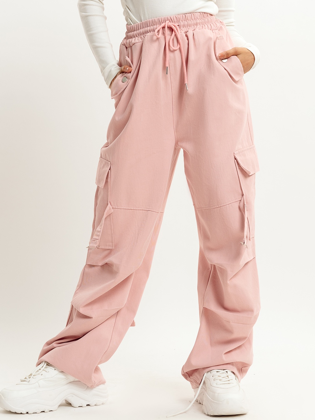 

FREAKINS Women Straight Fit Pleated Cotton Fleece Cargo Trouser, Pink