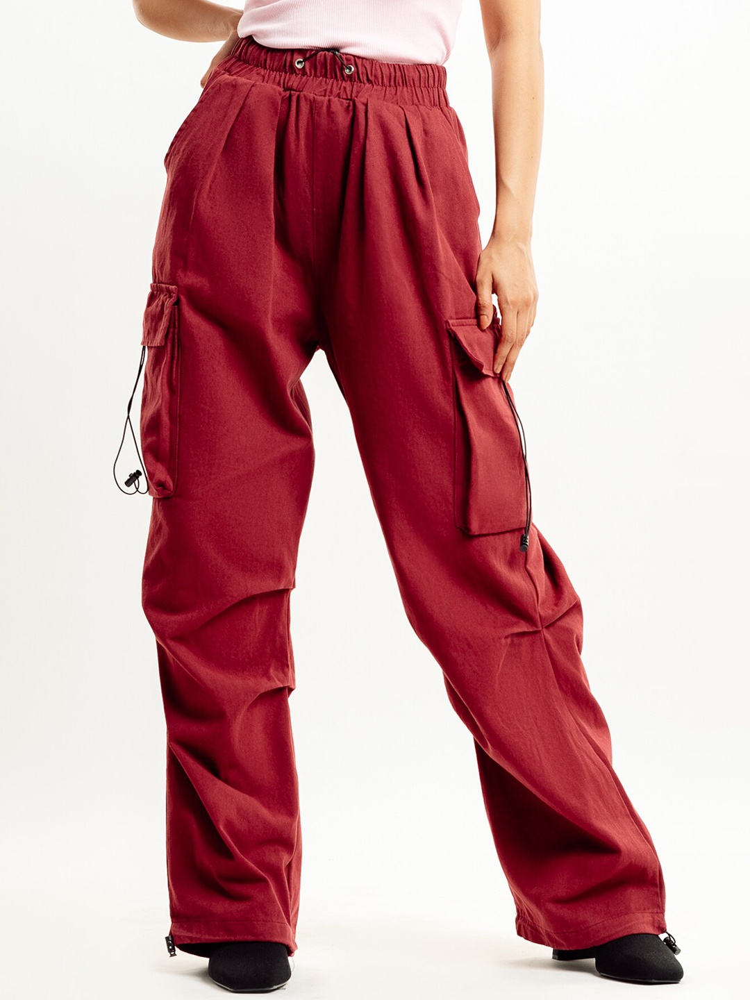 

FREAKINS Women Straight Fit Clean Look Cotton Fleece Cargo Jeans, Red