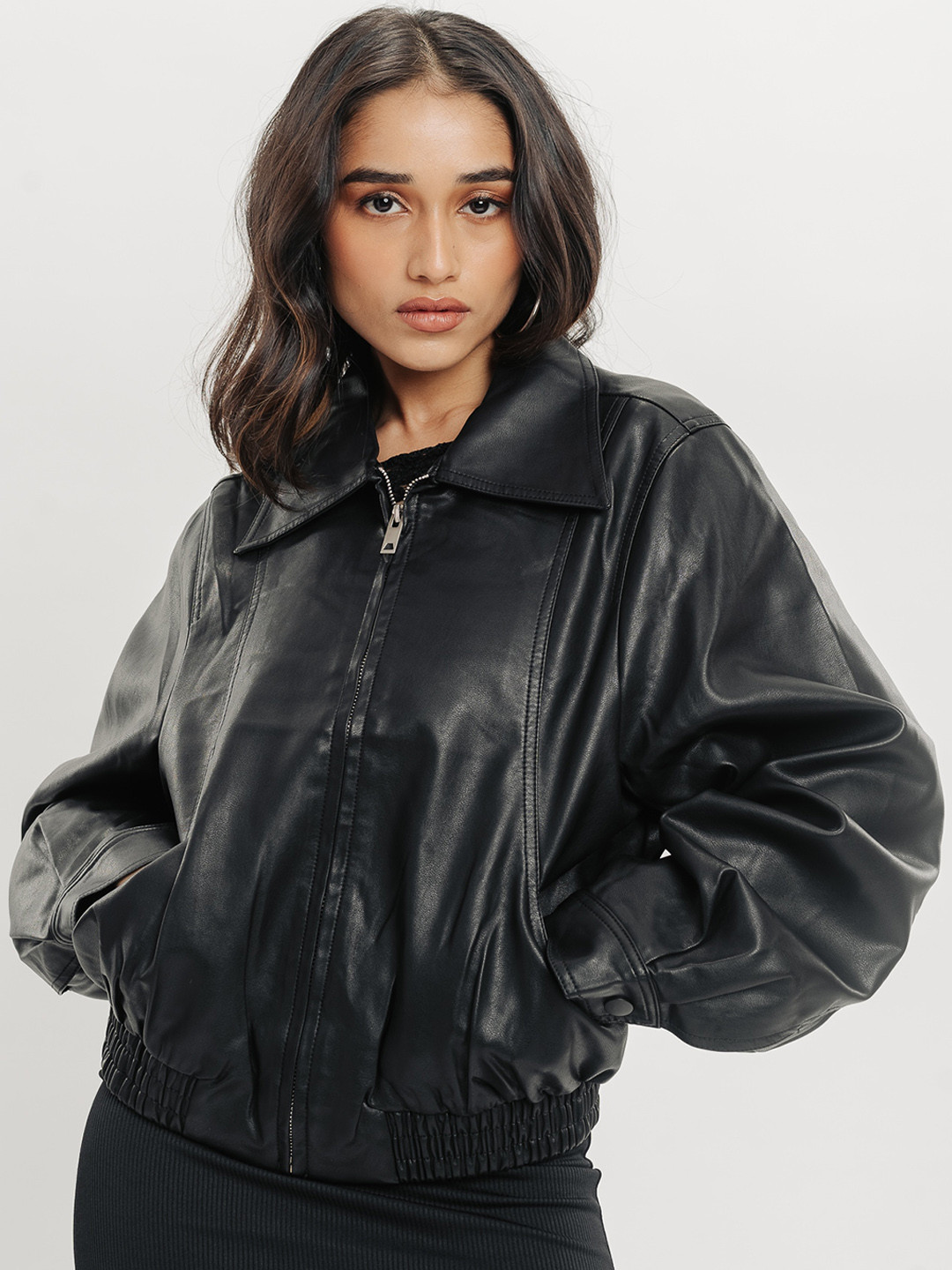 

FREAKINS Black Spread Collar Long Sleeves Leather Jacket