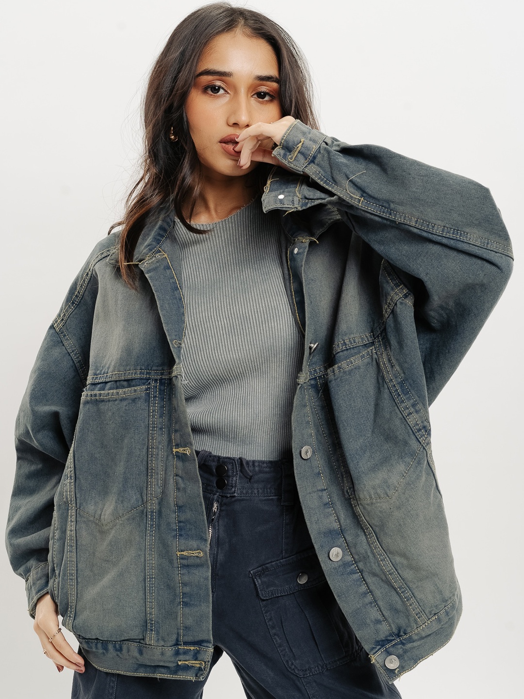 

FREAKINS Blue Washed Spread Collar Denim Jacket