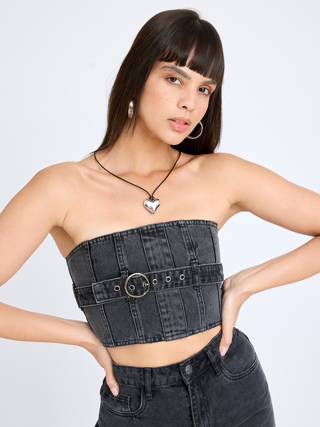 

FREAKINS Cotton Denim Tube Crop Top, Black
