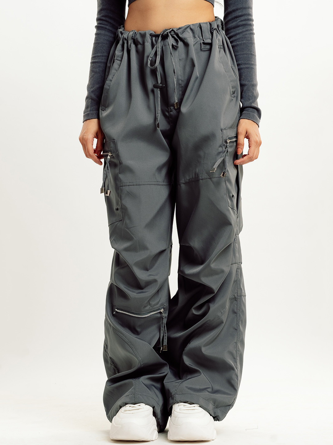 

FREAKINS Women Straight Fit High-Rise Cargos, Grey