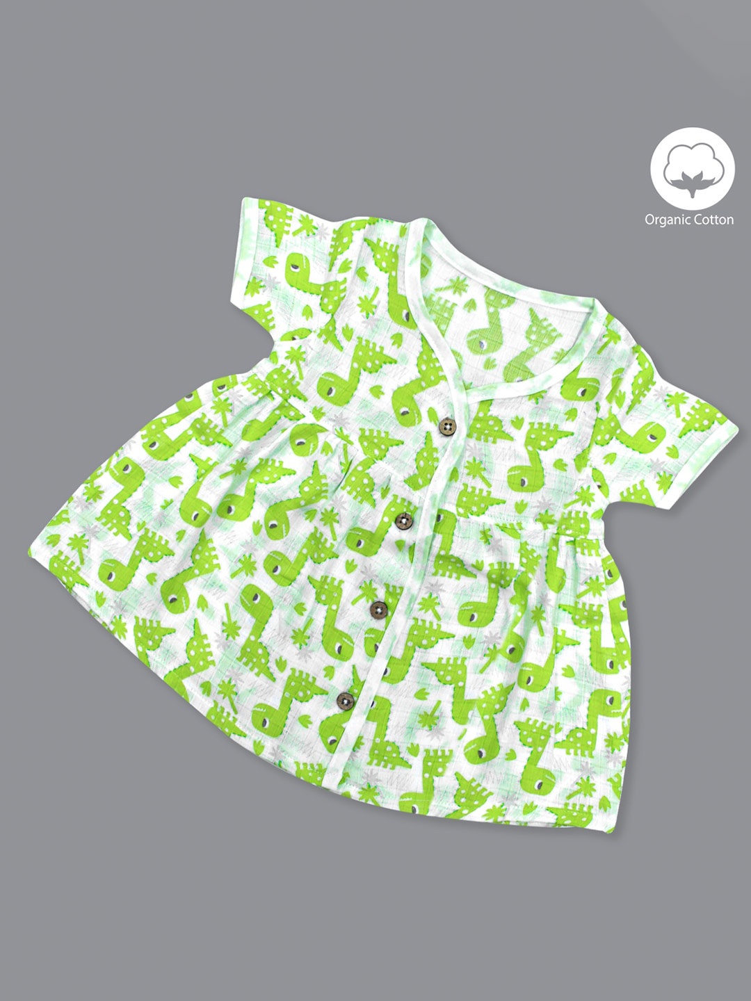 

Born Babies Girls Conversational Print Short Sleeves Organic Cotton Fit & Flare Dress, Green