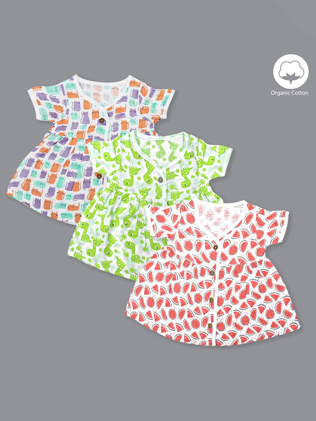 

Born Babies Girls Pack Of 3 Polka Conversational Printed Organic Cotton A-Line Dress, White