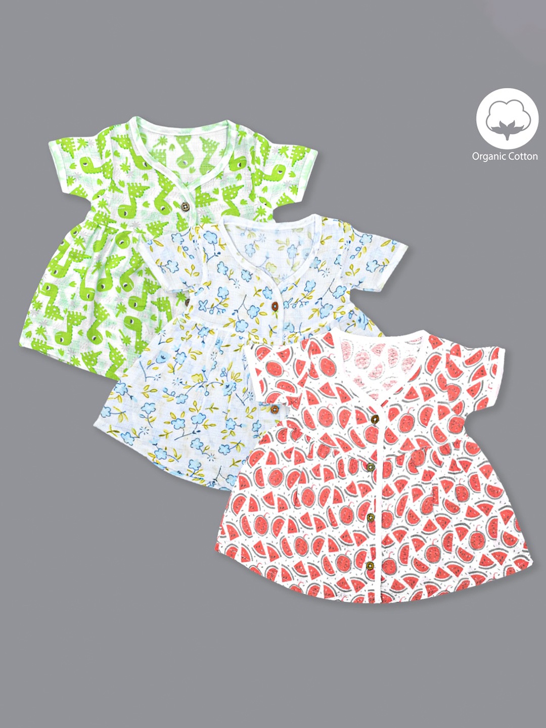 

Born Babies Kids Pack Of 3 Floral Printed Flared Sleeve Organic Cotton Fit & Flare Dress, Green