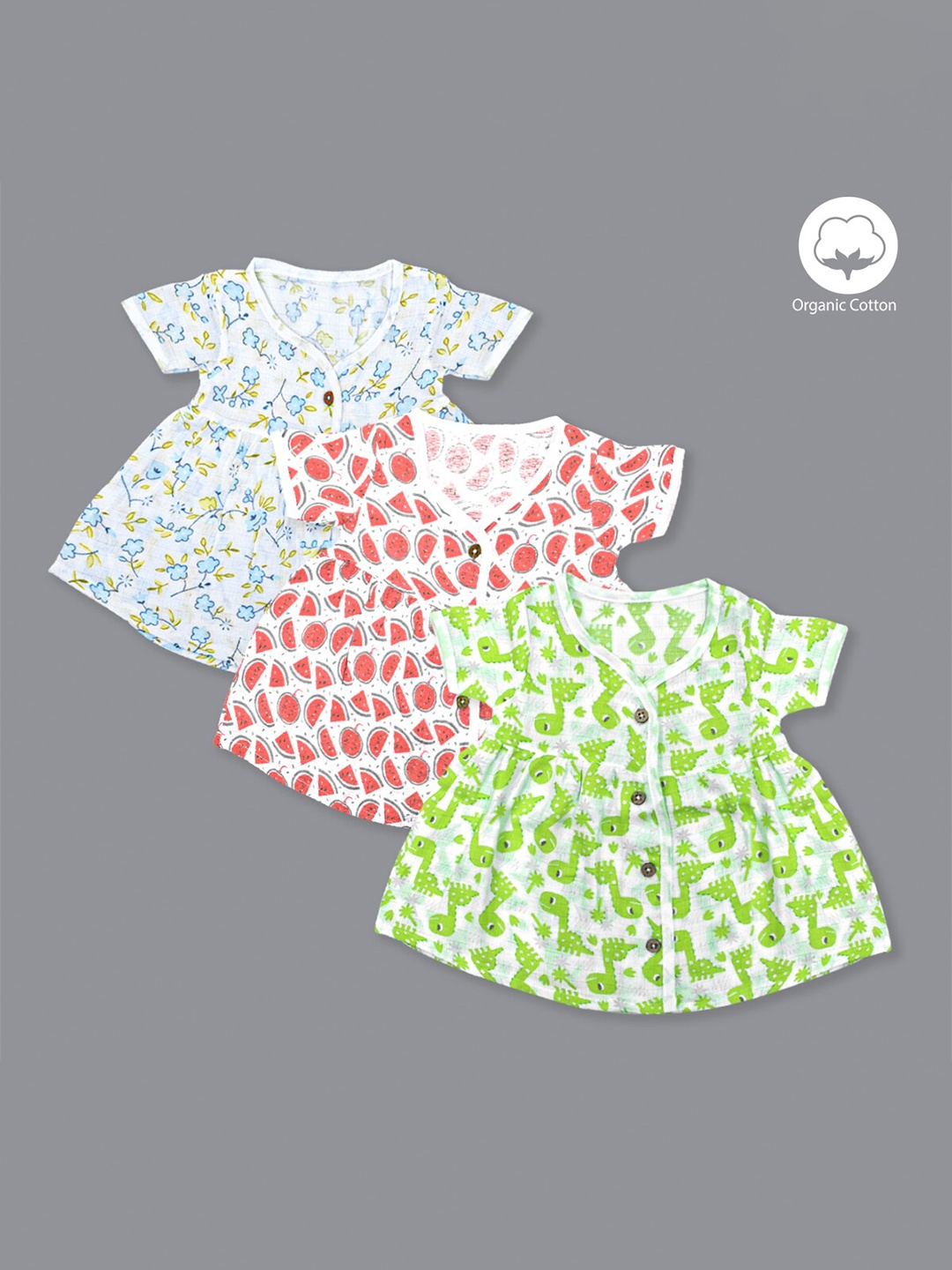 

Born Babies Kids Pack Of 3 Floral Printed Flared Sleeve Organic Cotton Fit & Flare Dress, Red