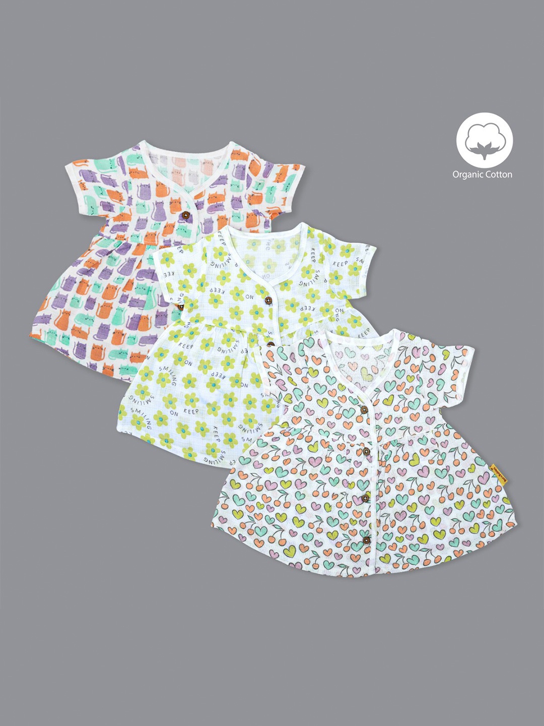 

Born Babies Kids Pack Of 3 Floral Printed Flared Sleeve Organic Cotton Fit & Flare Dress, Green