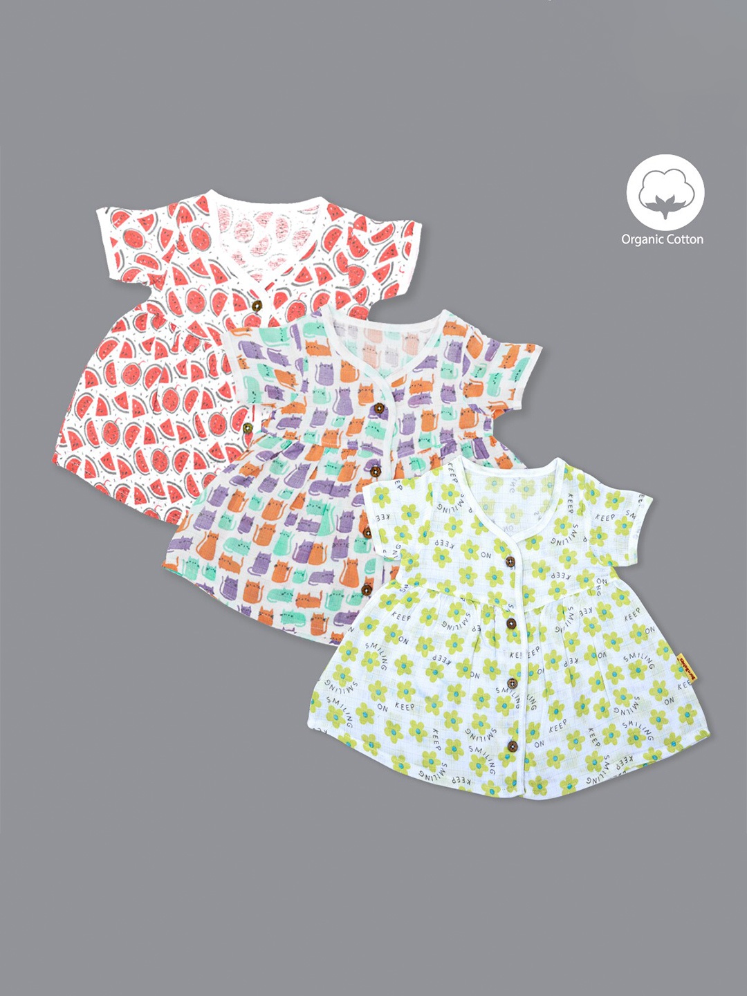 

Born Babies Kids Pack Of 3 Abstract Printed Flared Sleeve Organic Cotton Fit & Flare Dress, Multi