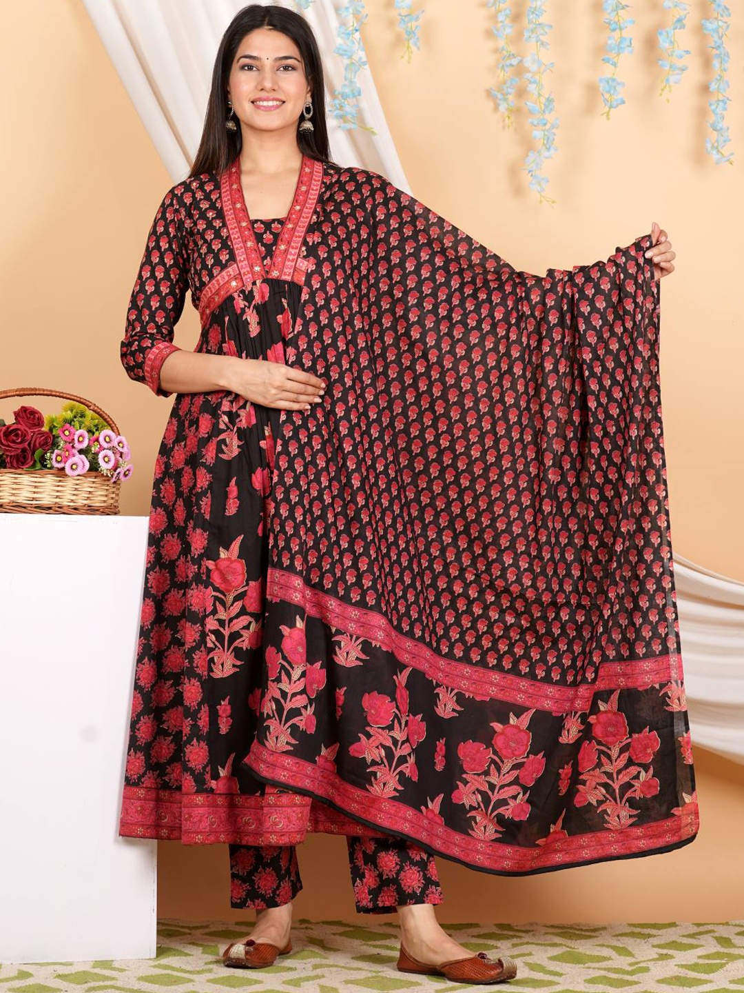 Varanga Floral Printed Empire Mirror Work Pure Cotton Kurta with Trousers & With Dupatta, Black