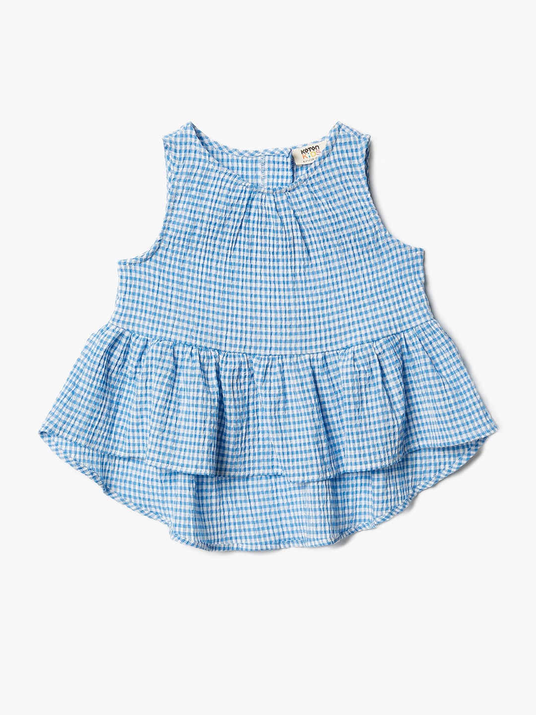 

Koton Girls Checked Round Neck Sleeveless Gathered Regular Top, Blue