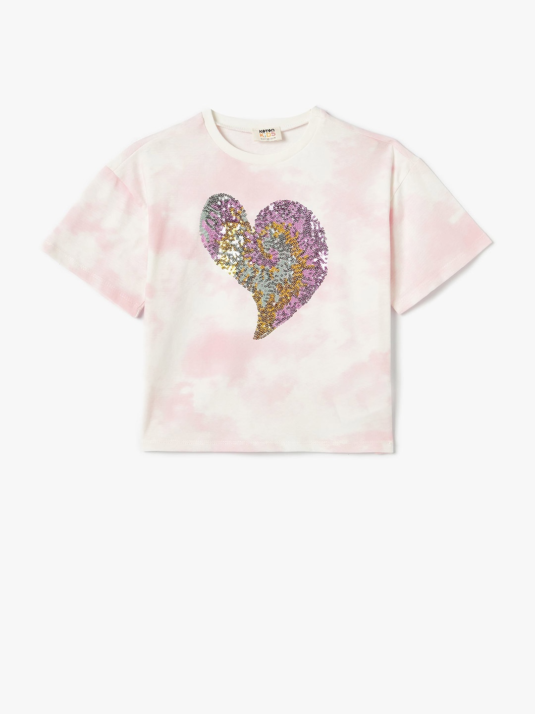 

Koton Girls Tie & Dye Printed Round Neck Embellished Cotton T-shirt, Pink