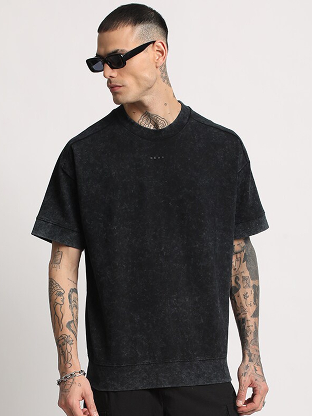 

THE BEAR HOUSE Abstract Print Drop Shoulder Sleeves Oversized Pure Cotton T-shirt, Black