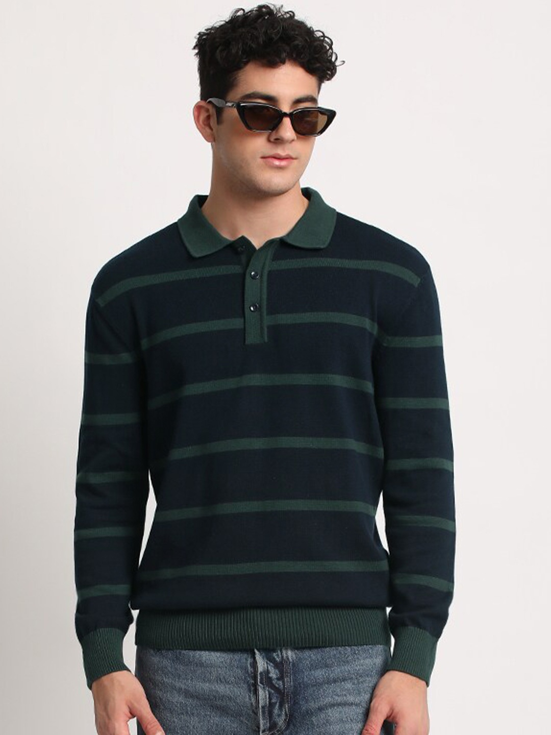 

THE BEAR HOUSE Striped Polo Collar Pure Cotton T-shirt, Navy blue