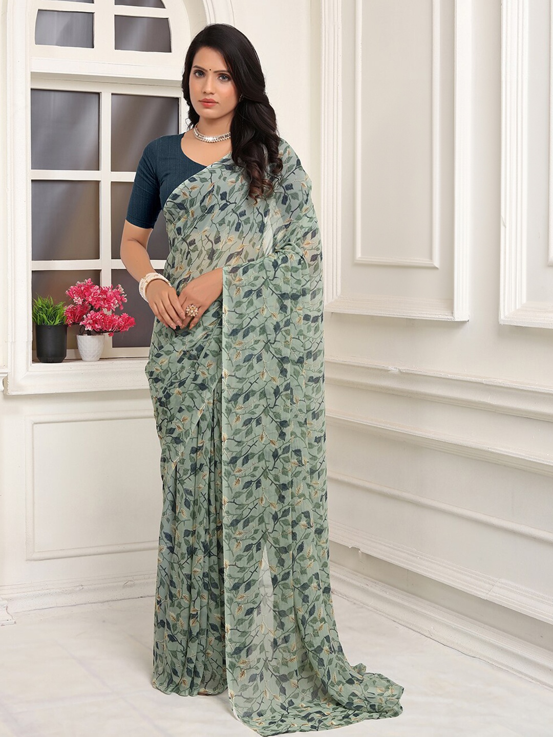 

Pionex Floral Printed Ready to Wear Saree, Teal