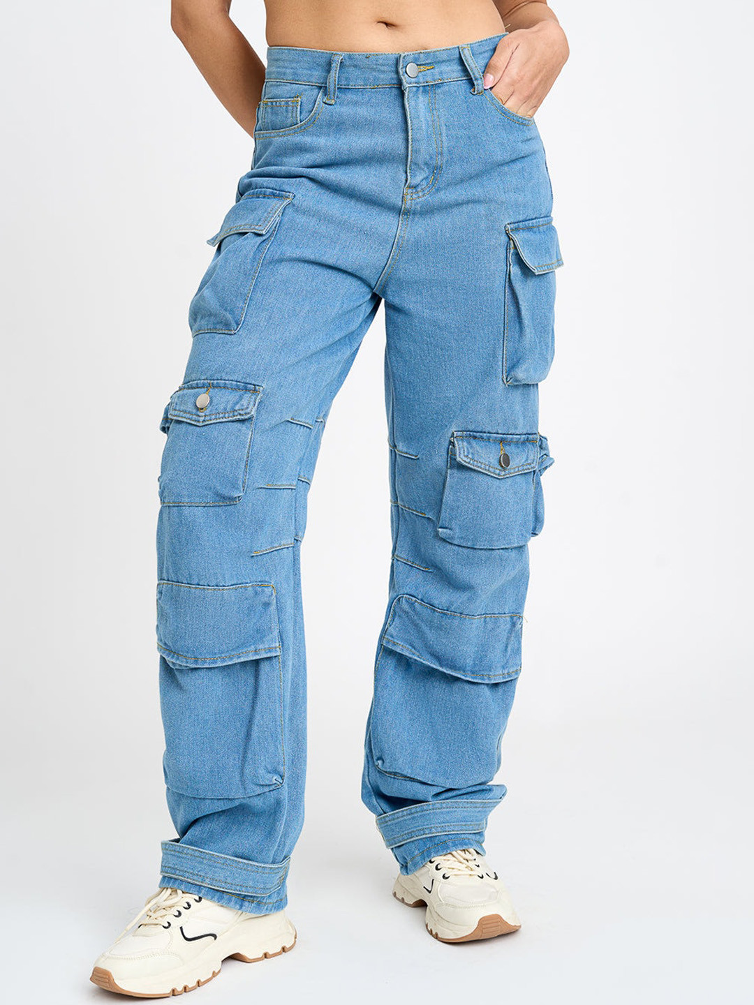 

FREAKINS Women Straight Fit High-Rise Pure Cotton Cargo Jeans, Blue
