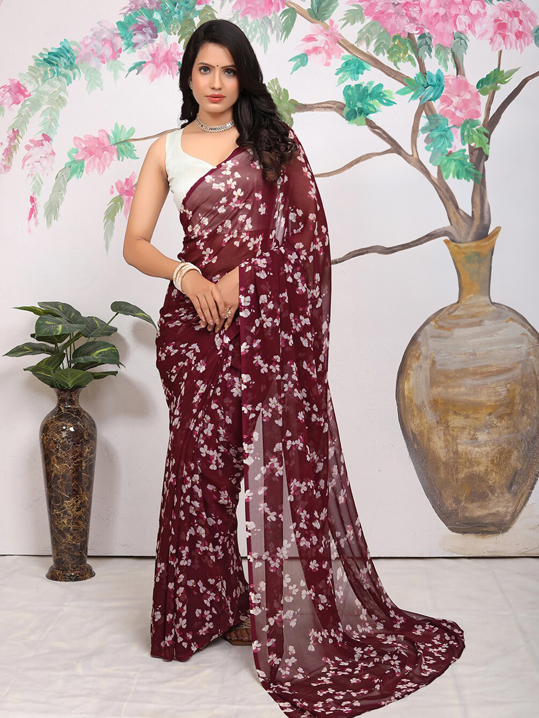 

Pionex Floral Printed Pure Georgette Ready to Wear Saree, Purple