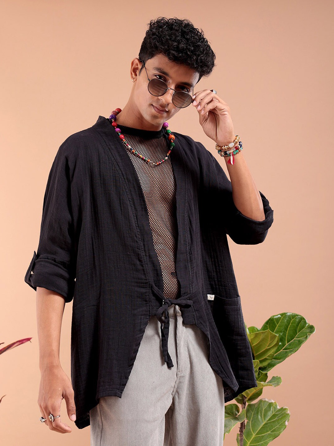 

The Indian Garage Co Longline Pure Cotton Open Front Shrug, Black