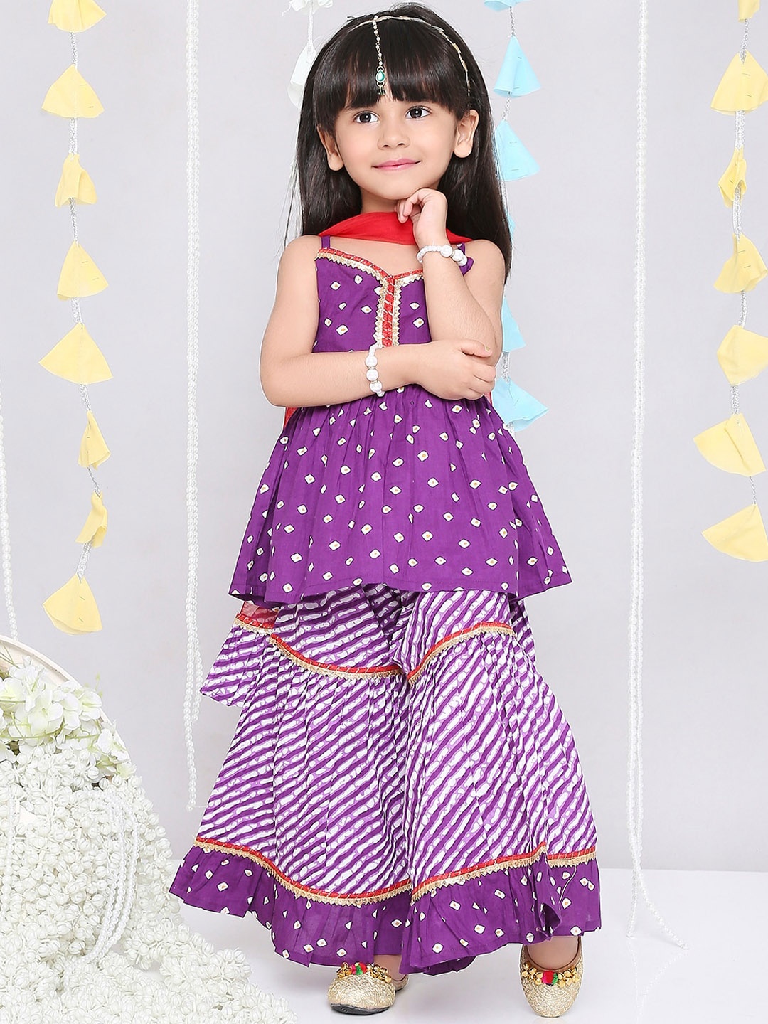 

KID1 Girls Bandhani Printed Gotta Patti Pure Cotton Kurti With Sharara & Dupatta, Purple