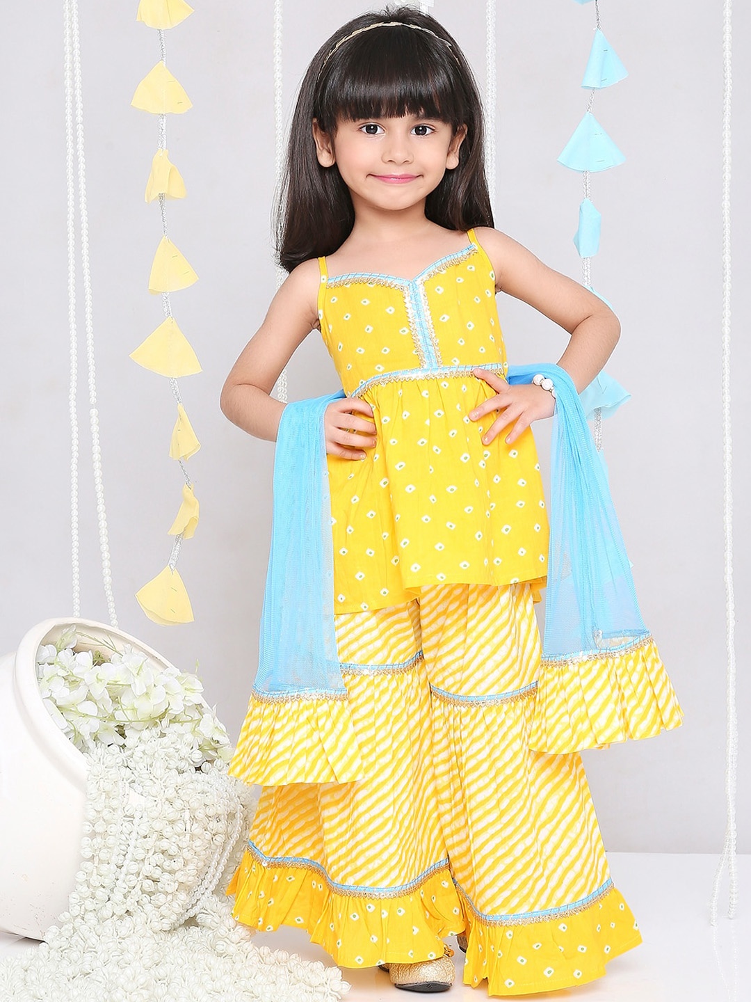 

KID1 Girls Bandhani Printed Empire Gotta Patti Pure Cotton Kurti With Sharara & Dupatta, Yellow