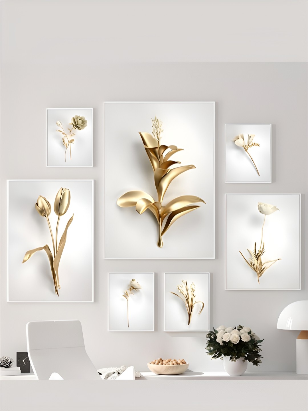 

THE HANDMADE FLAIR White 7 Pieces Floral Printed Canvas Abstract Wall Paintings