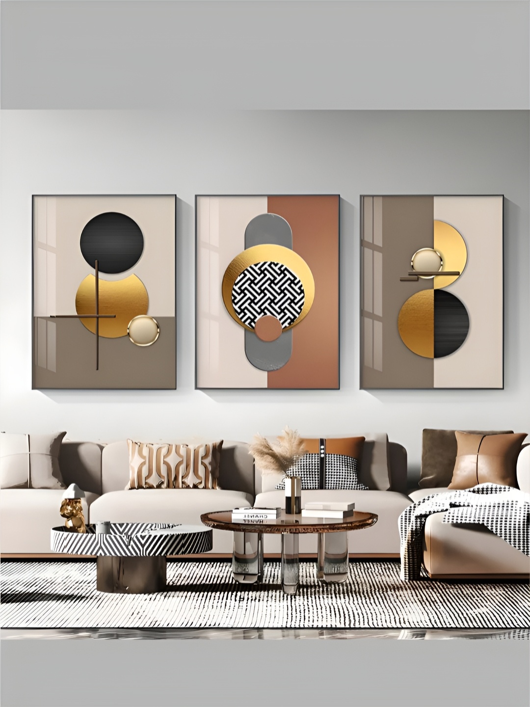 

THE HANDMADE FLAIR White & Brown 3 Piece Canvas Abstract Wall Paintings