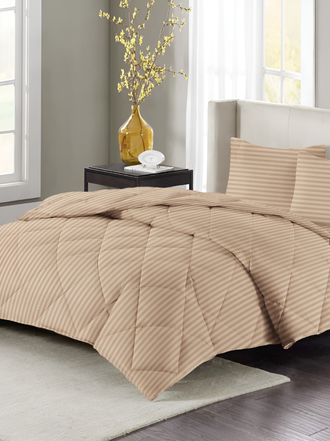 

bsb home Beige Striped Microfiber Double King Superfine Bedding Set