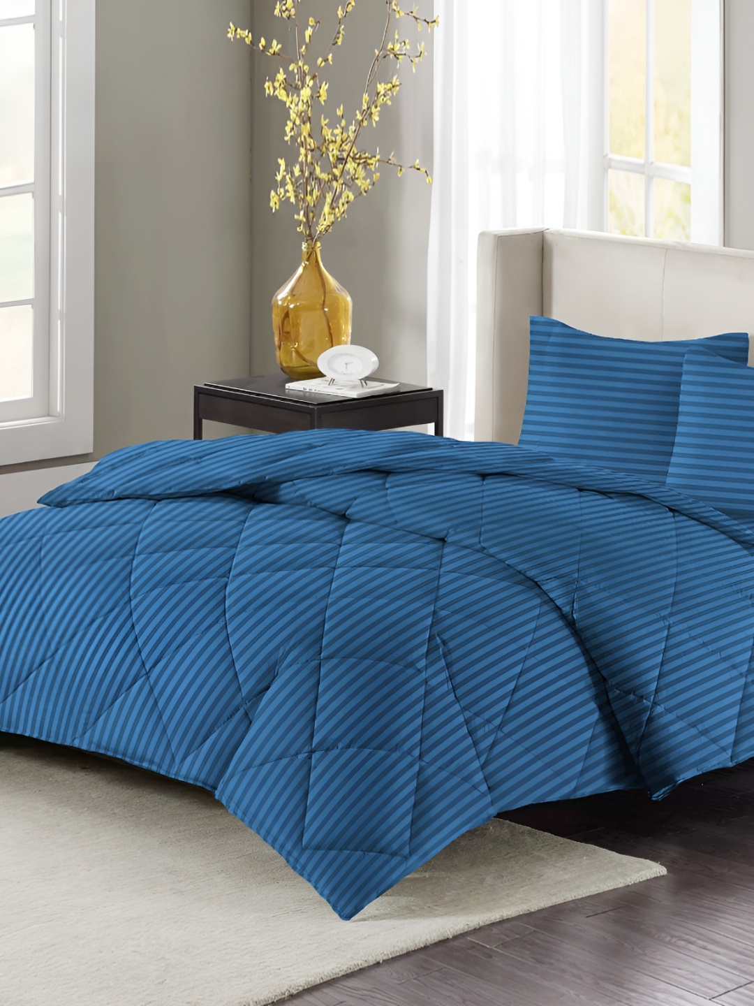 

bsb home Navy Blue Striped Microfiber Double King Superfine Bedding Set