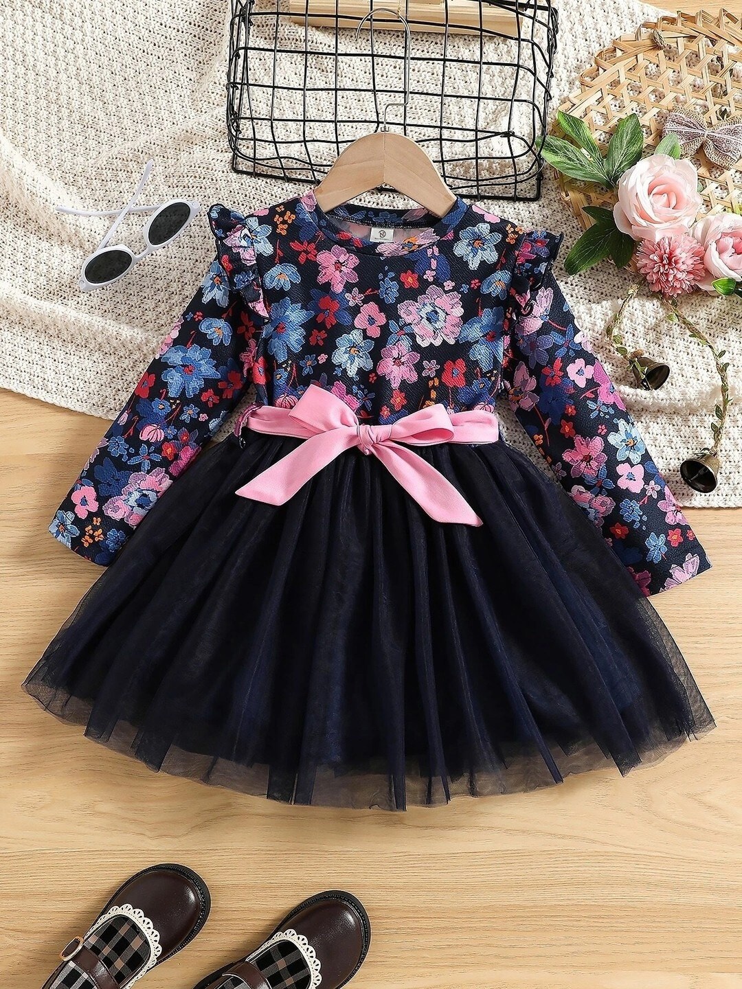 

BAESD Girls Floral Printed Round Neck Belted Net Fit & Flare Dress, Blue