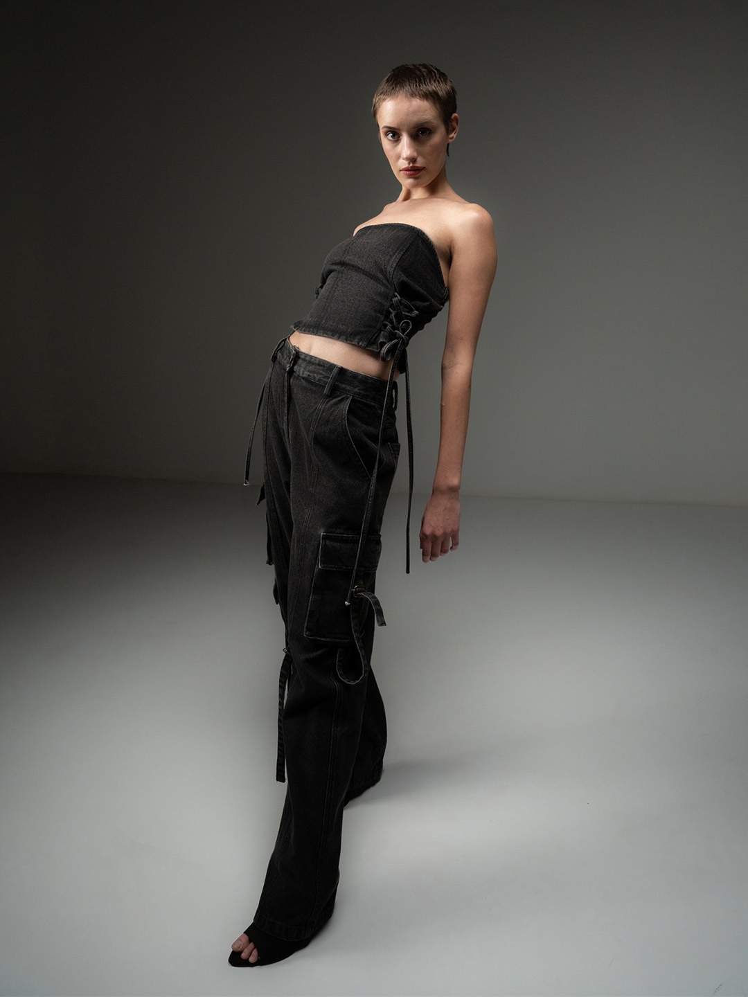 

SOTBELLA Strapless Cotton Denim Tube Crop Top, Black