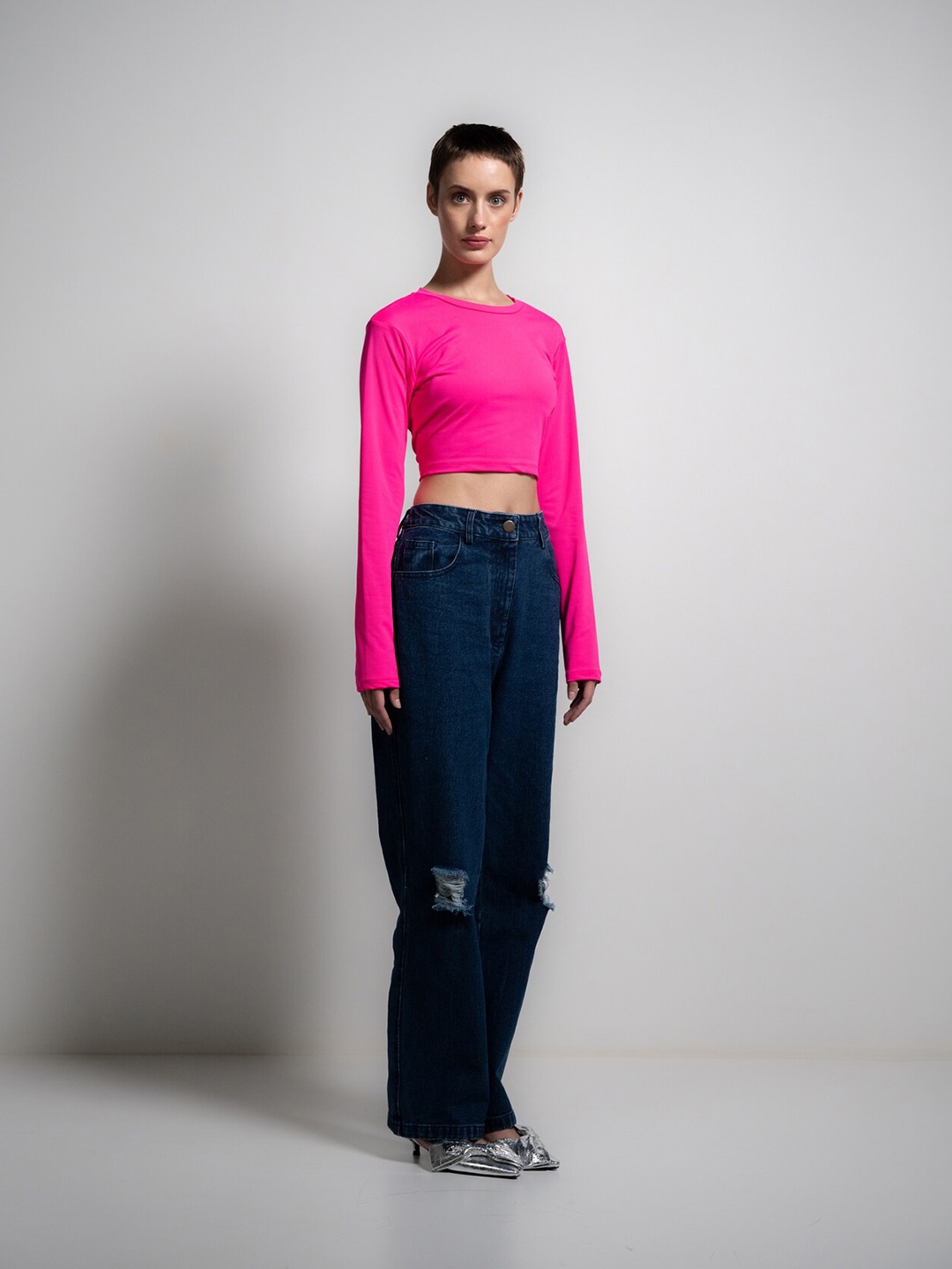 

SOTBELLA Round Neck Crop Top, Pink