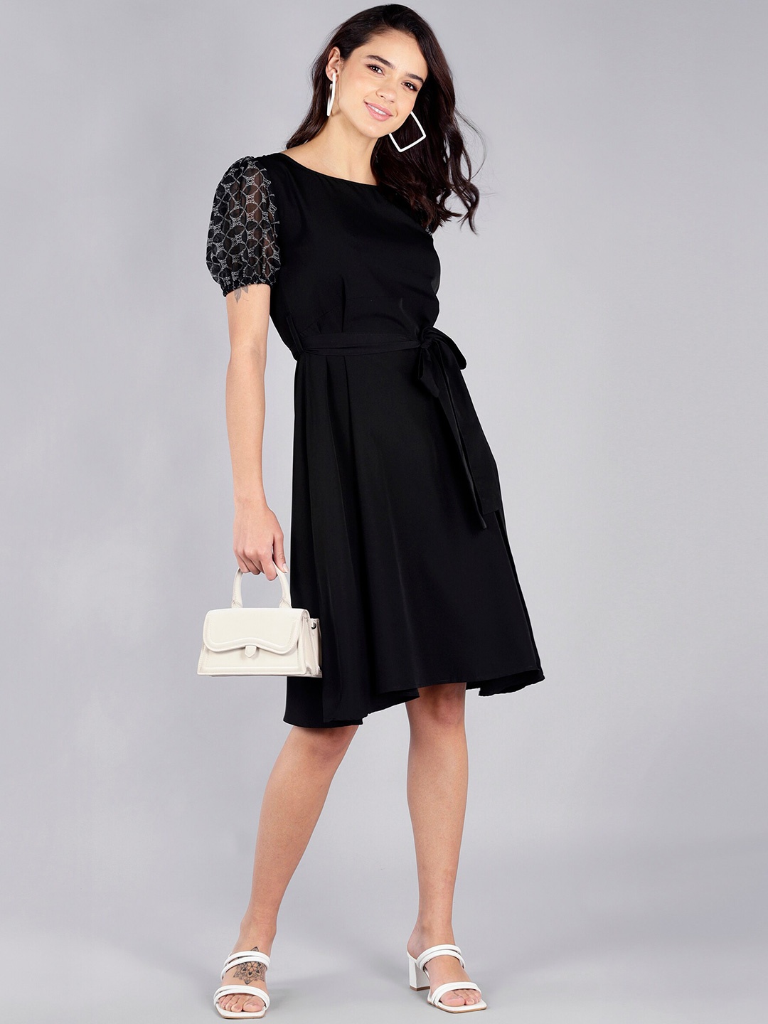 

Fashfun Puff Sleeve Fit & Flare Dress, Black