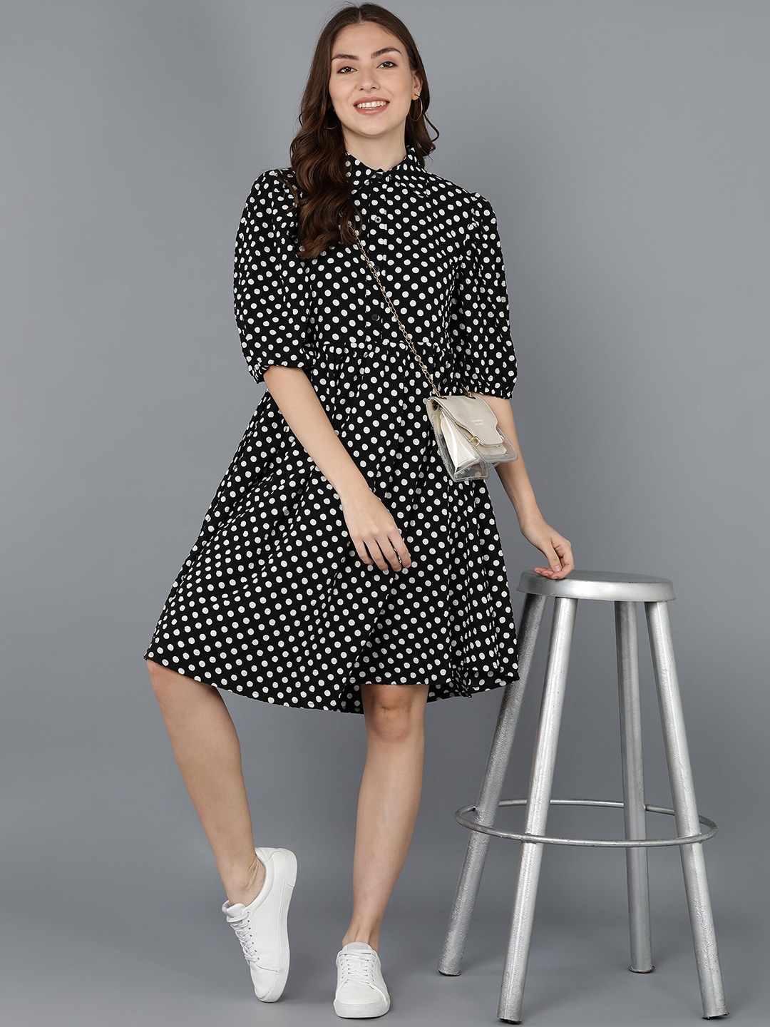 

Fashfun Polka Dot Printed Fit & Flare Dress, Black