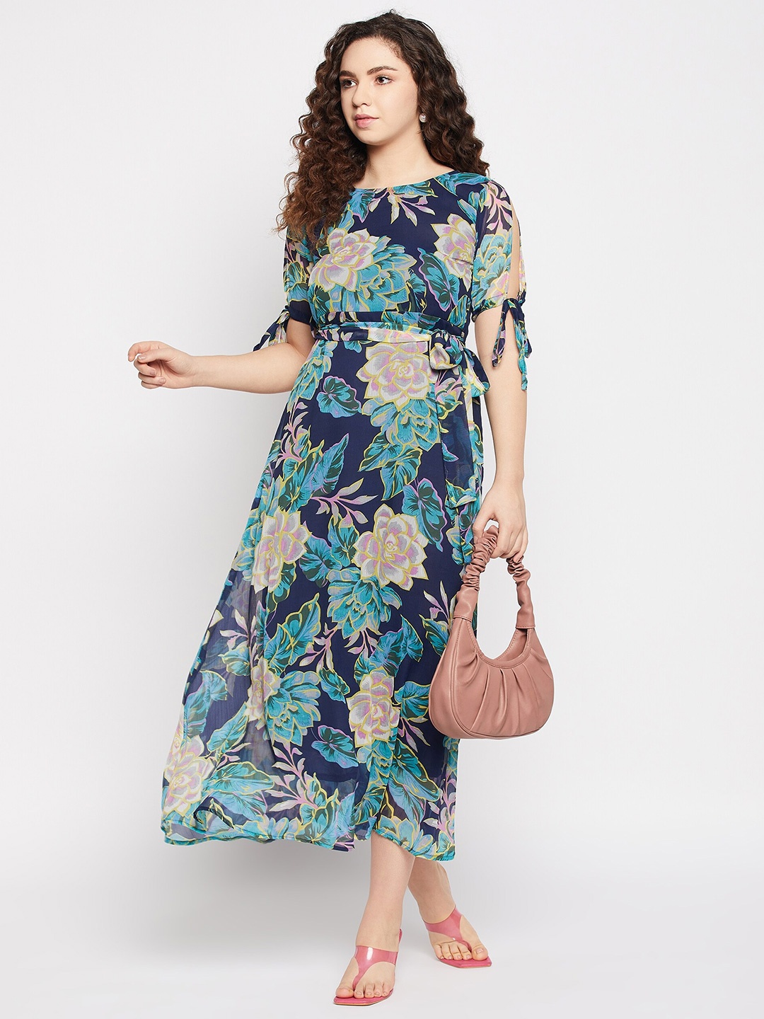 

Fashfun Floral Printed Slit Sleeve Chiffon Maxi Dress, Green