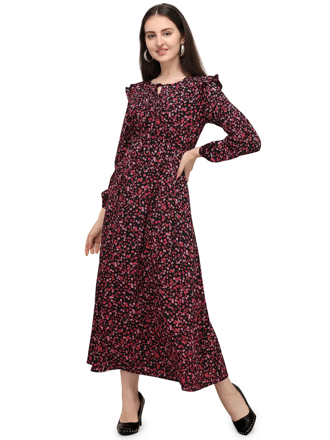 

Fashfun Floral Printed Tie-Up Neck Puff Sleeve Fit & Flare Maxi Dress, Maroon