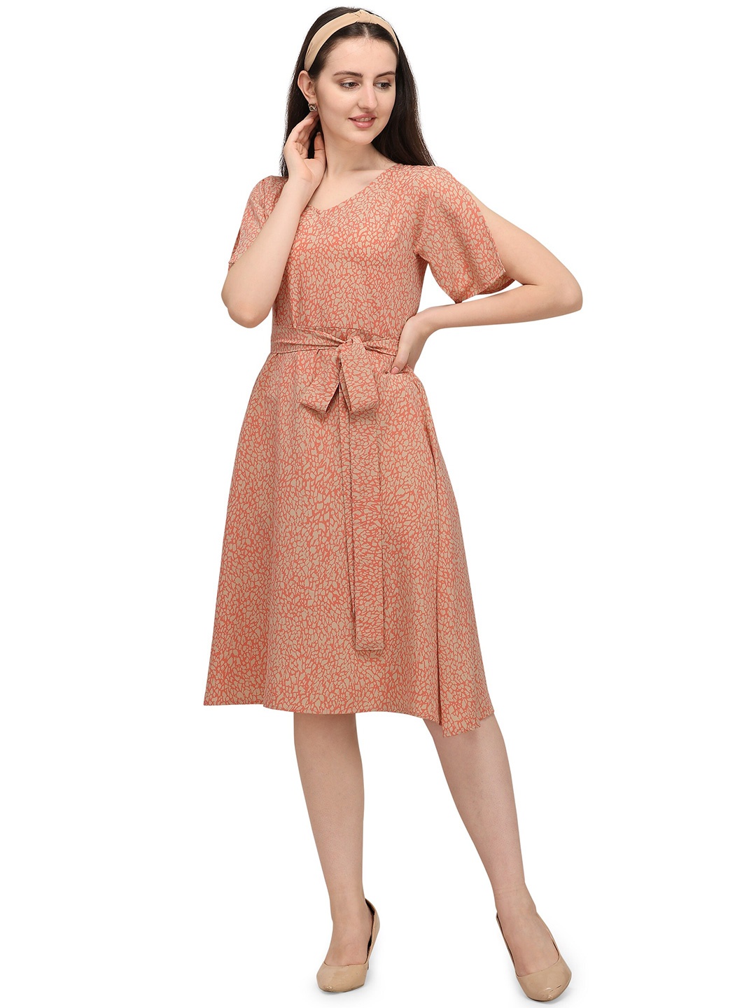 

Fashfun Printed Flutter Sleeve Crepe Fit & Flare Dress, Pink