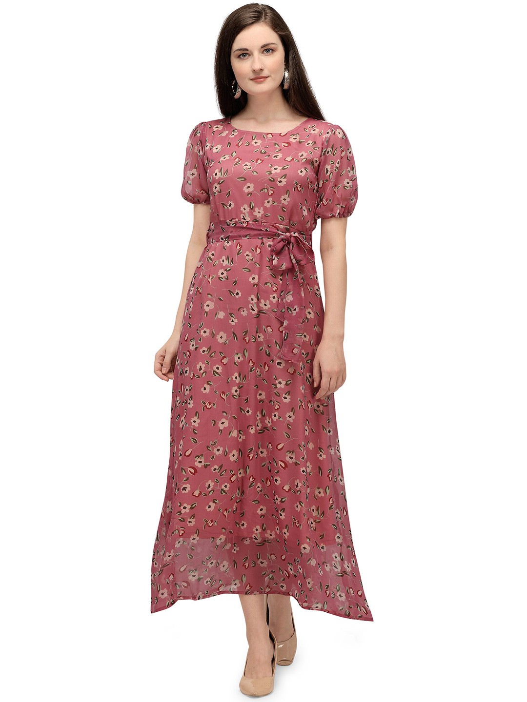

Fashfun Floral Printed Puff Sleeve Maxi Dress, Pink
