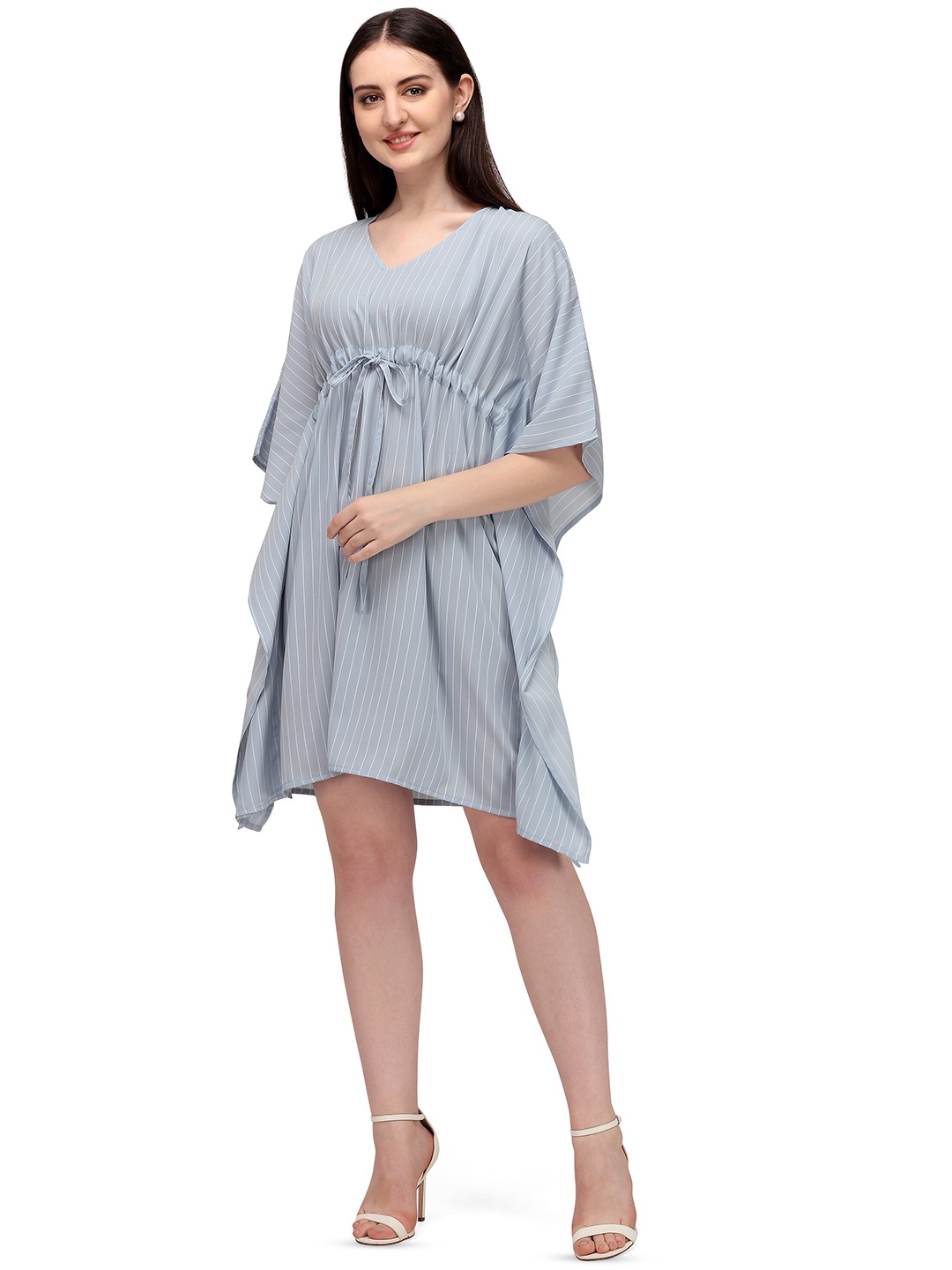

Fashfun Striped V-Neck Kimono Sleeves Kaftan Dress, Blue