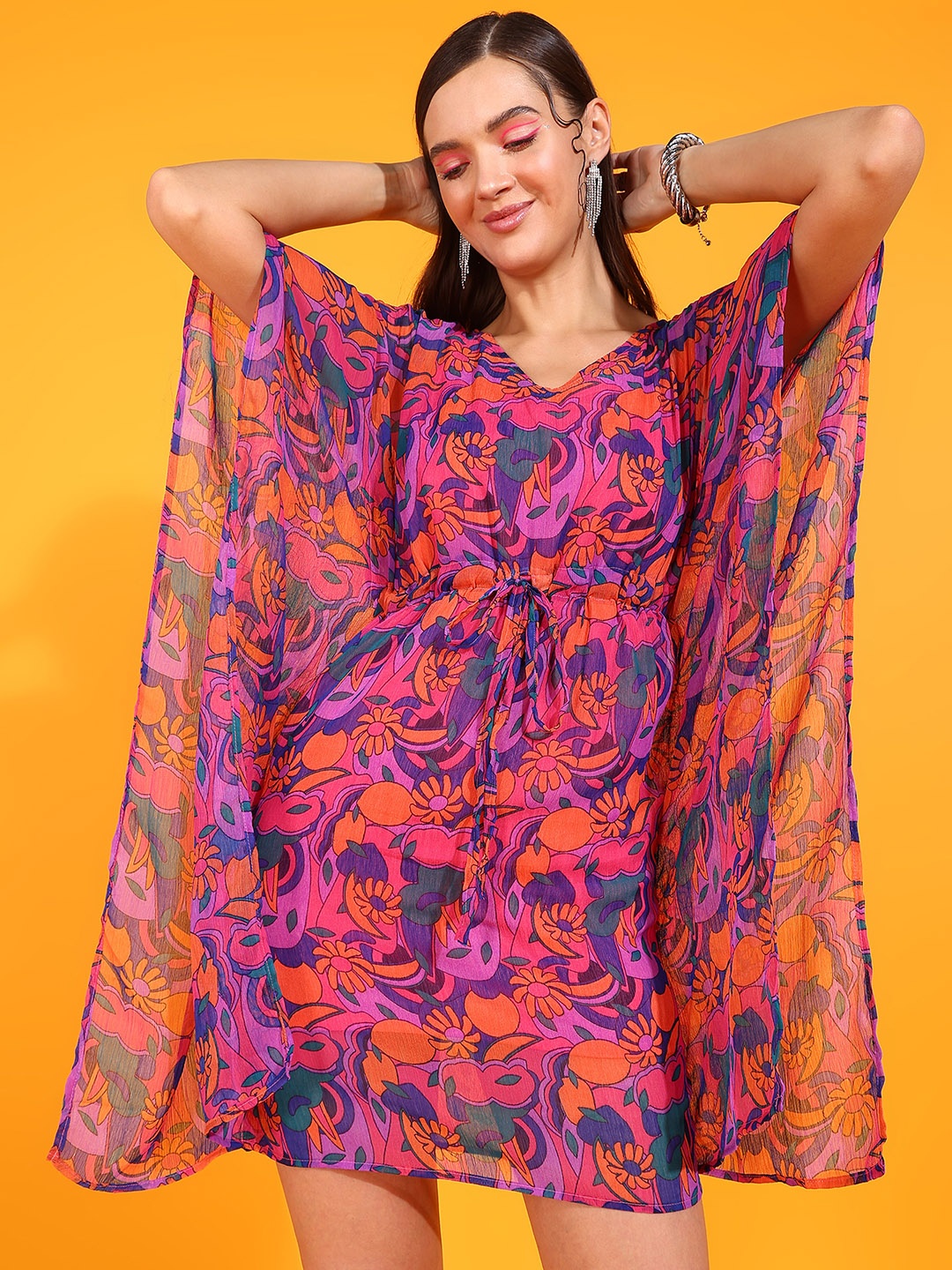 

Fashfun Floral Print Kimono Sleeve Kaftan Dress, Pink