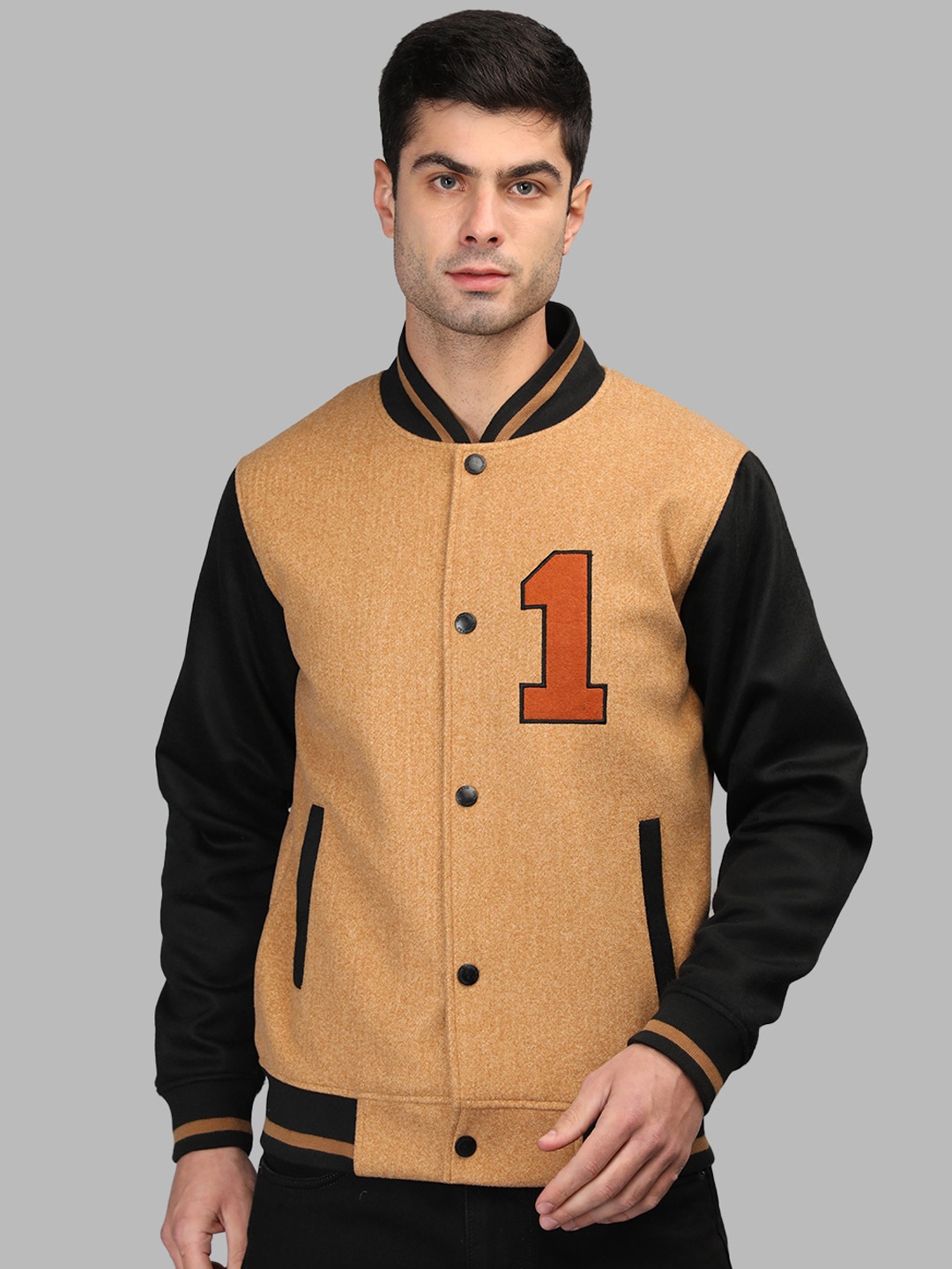 

CHKOKKO Colourblocked Stand Collar Lightweight Varsity Jacket, Camel brown