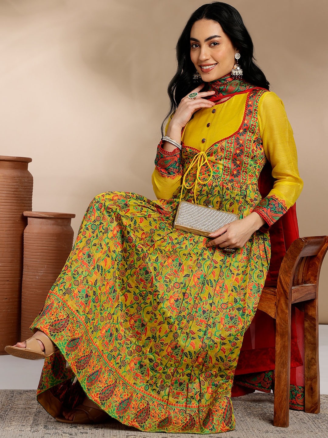 

Anouk Yellow Floral Printed Regular Chanderi Cotton Kurta with Trousers & Dupatta