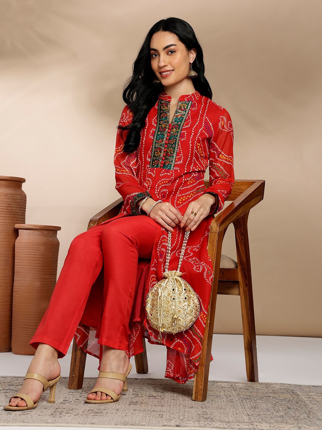 

Anouk Red Bandhani Printed A-Line Thread Work Kurta with Trousers