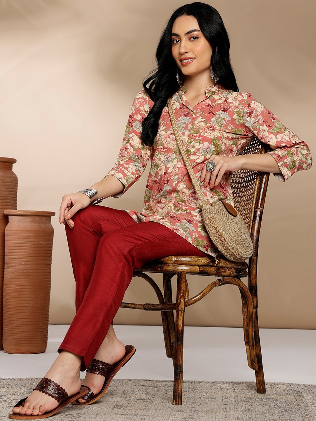 

Anouk Pink & Beige Floral Printed Mandarin Collar Shirt & Mid-Rise Trouser