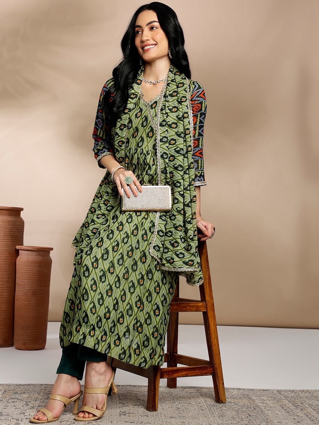 

Anouk Green Paisley Printed Angrakha Gotta Patti Kurta with Trousers & Dupatta