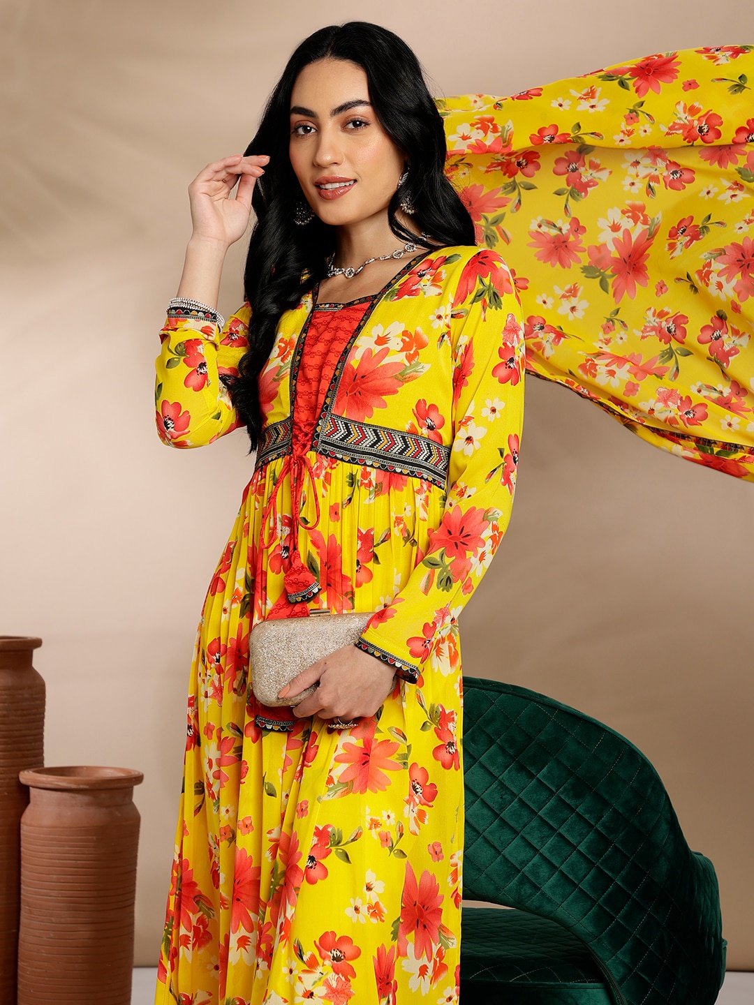 

Anouk Yellow Floral Printed Regular Kurta with Trousers & Dupatta