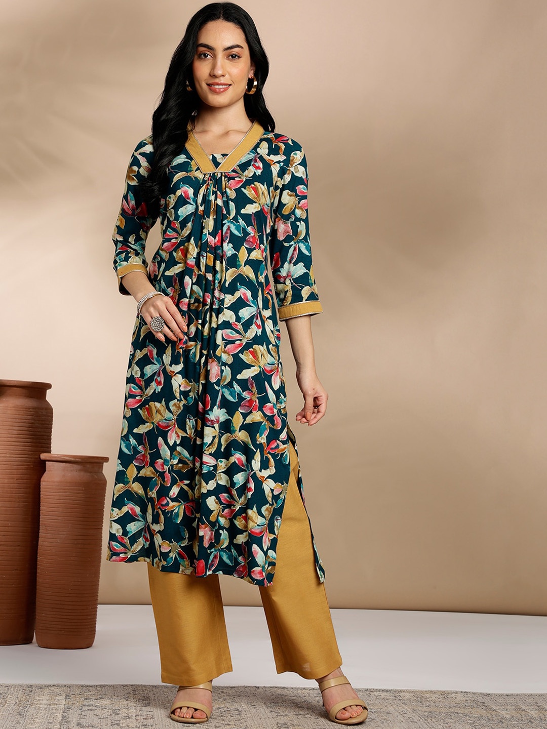 

Anouk Teal Floral Printed A-Line Kurta with Palazzos