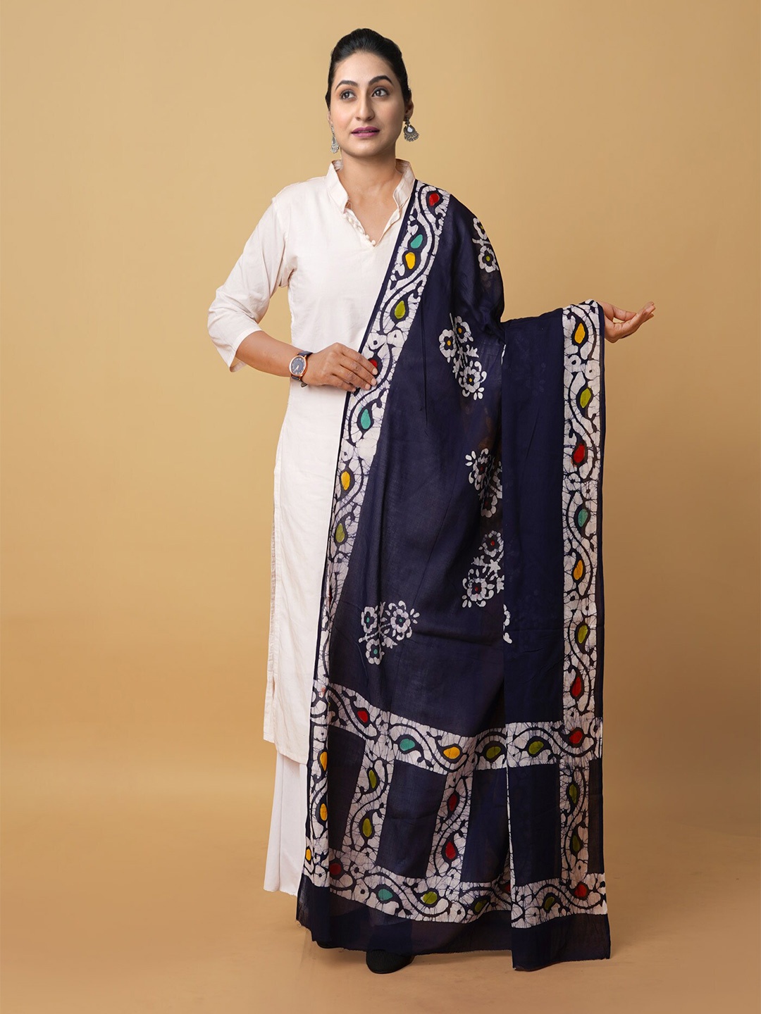 

Unnati Silks Ethnic Motifs Printed Pure Cotton Batik Dupatta, Navy blue