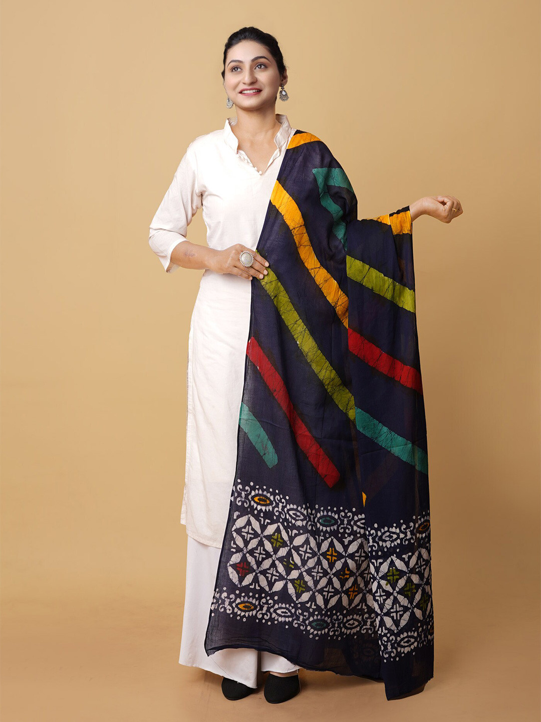 

Unnati Silks Striped Pure Cotton Batik Dupatta, Navy blue