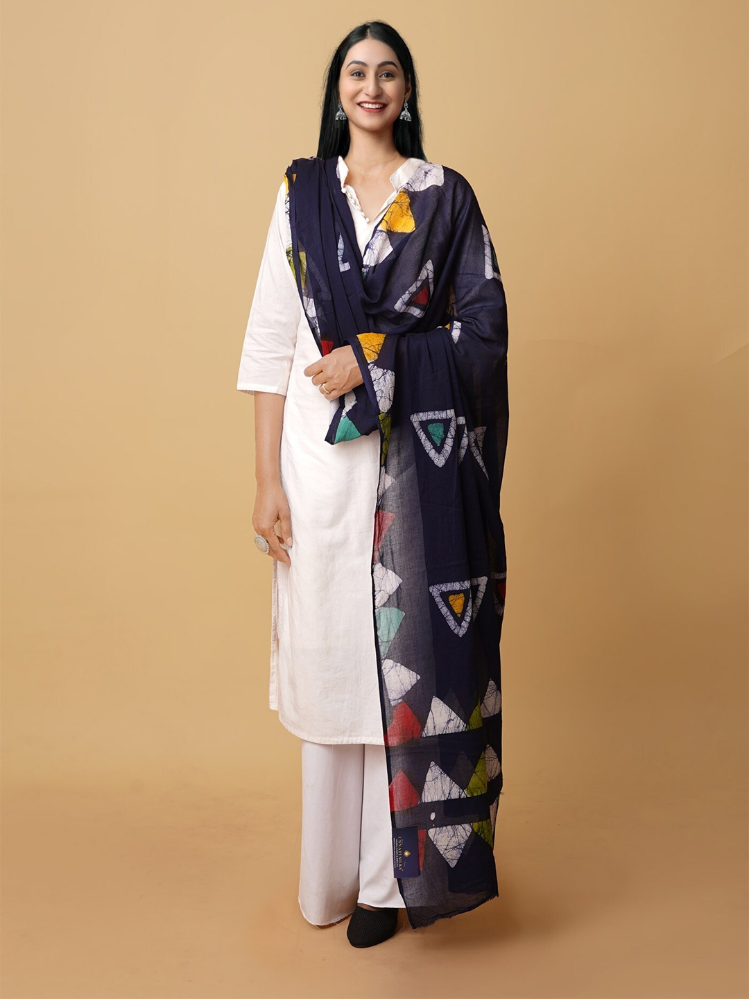 

Unnati Silks Printed Pure Cotton Batik Dupatta, Navy blue